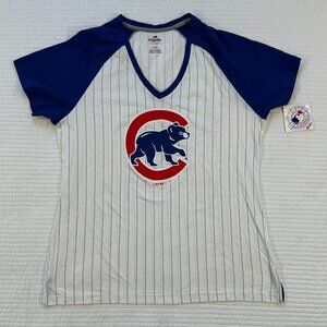 Majestic Chicago Cubs Pinstripe T-Shirt 2XL Blue White Logo NWT MLB